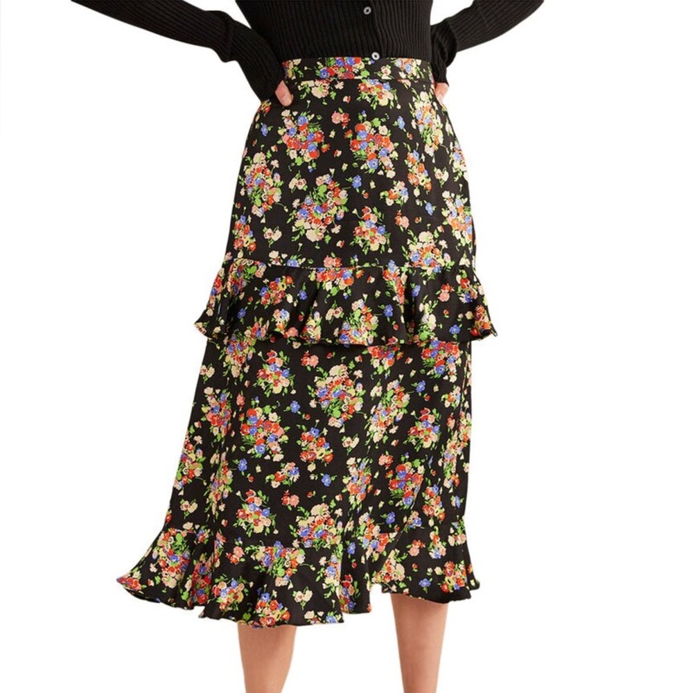 NEW W/ Tags BODEN Satin‎ Ruffle Midi Skirt Black Multi Floral Print Size 6